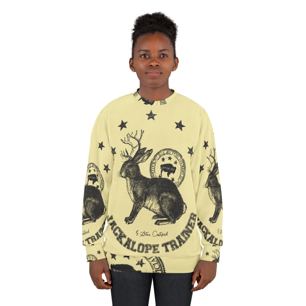 Beige sweatshirt with jackalope graphic, mythical animal trainer design - women