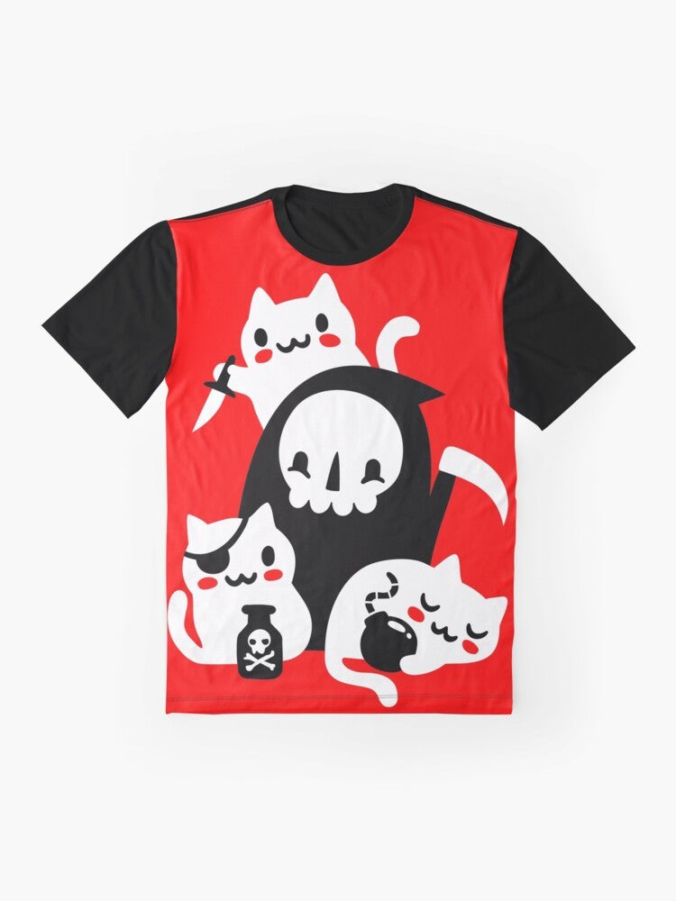 Funny cat graphic t-shirt with a grim reaper and skull design - Flat lay