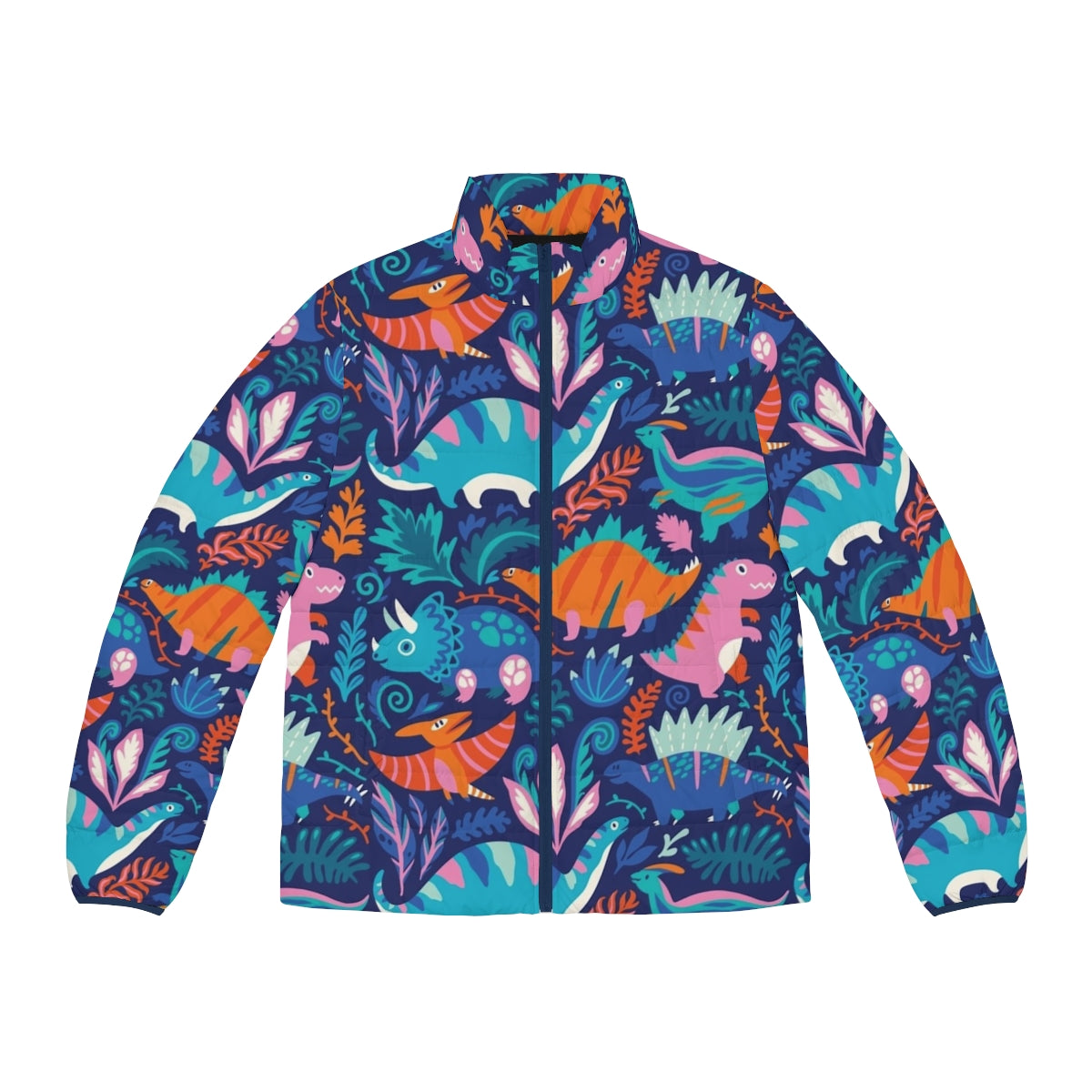 Dino Team 1 Puffer Jacket for children featuring a fun dinosaur graphic design