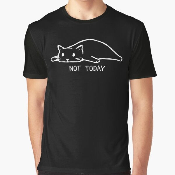 A graphic t-shirt featuring a lazy cat with the text "Not Today" in a minimalist design.