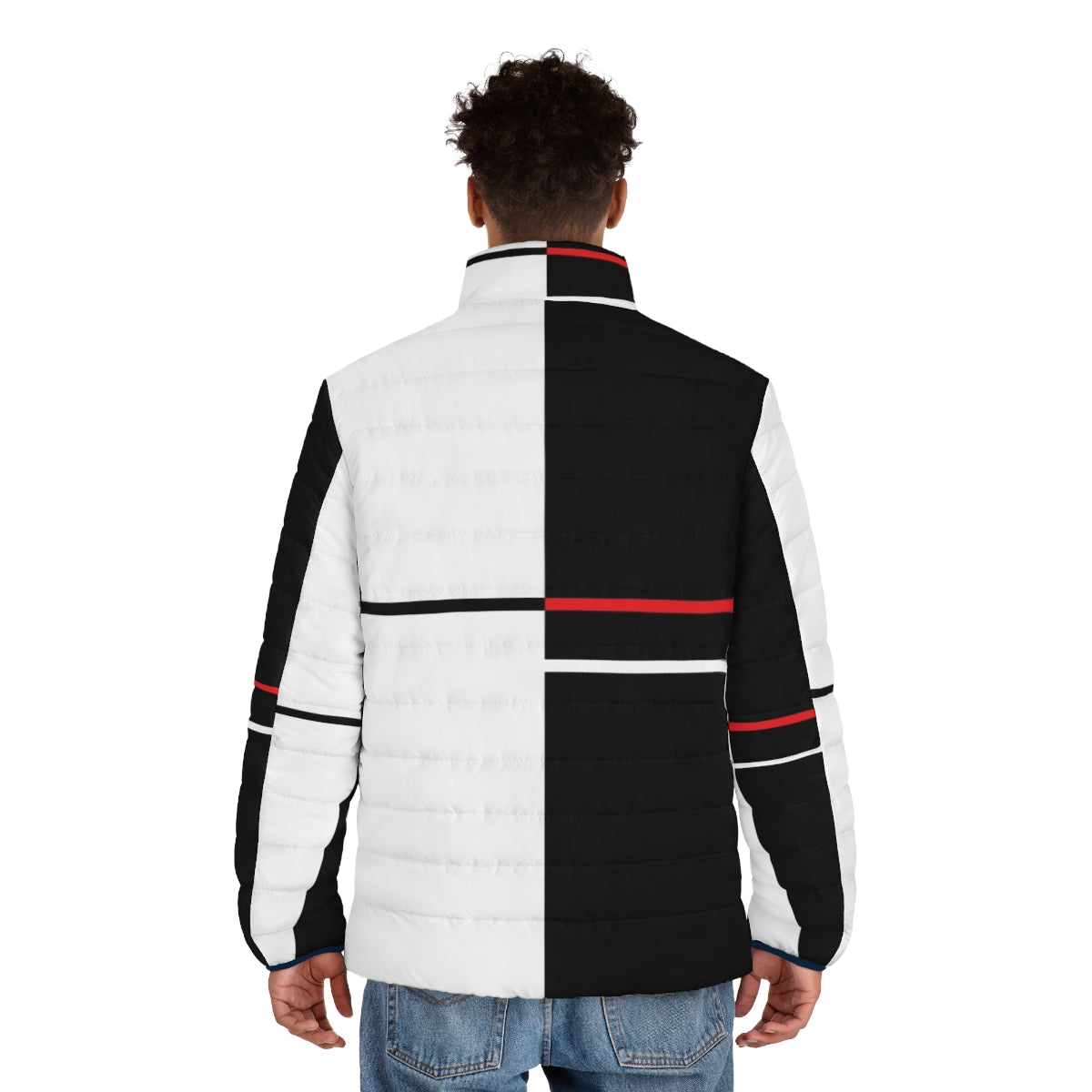 Monochrome minimalist puffer jacket with geometric abstract design inspired by Danganronpa video game - men back