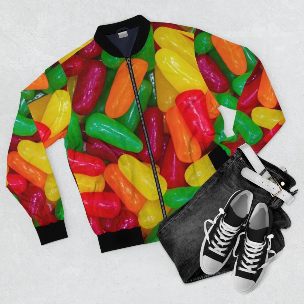 Colorful Mike and Ikes candy in a bomber jacket design - Flat lay