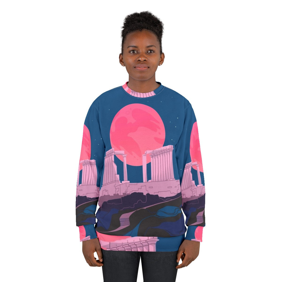 Vaporwave sweatshirt featuring the Temple of Poseidon at Sounion, Greece - women