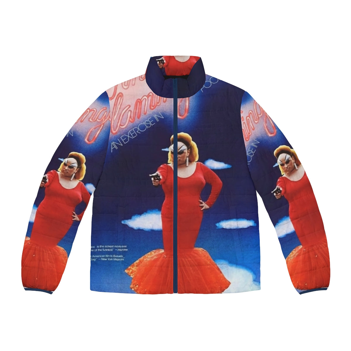 Pink flamingos puffer jacket with John Waters movie meme design