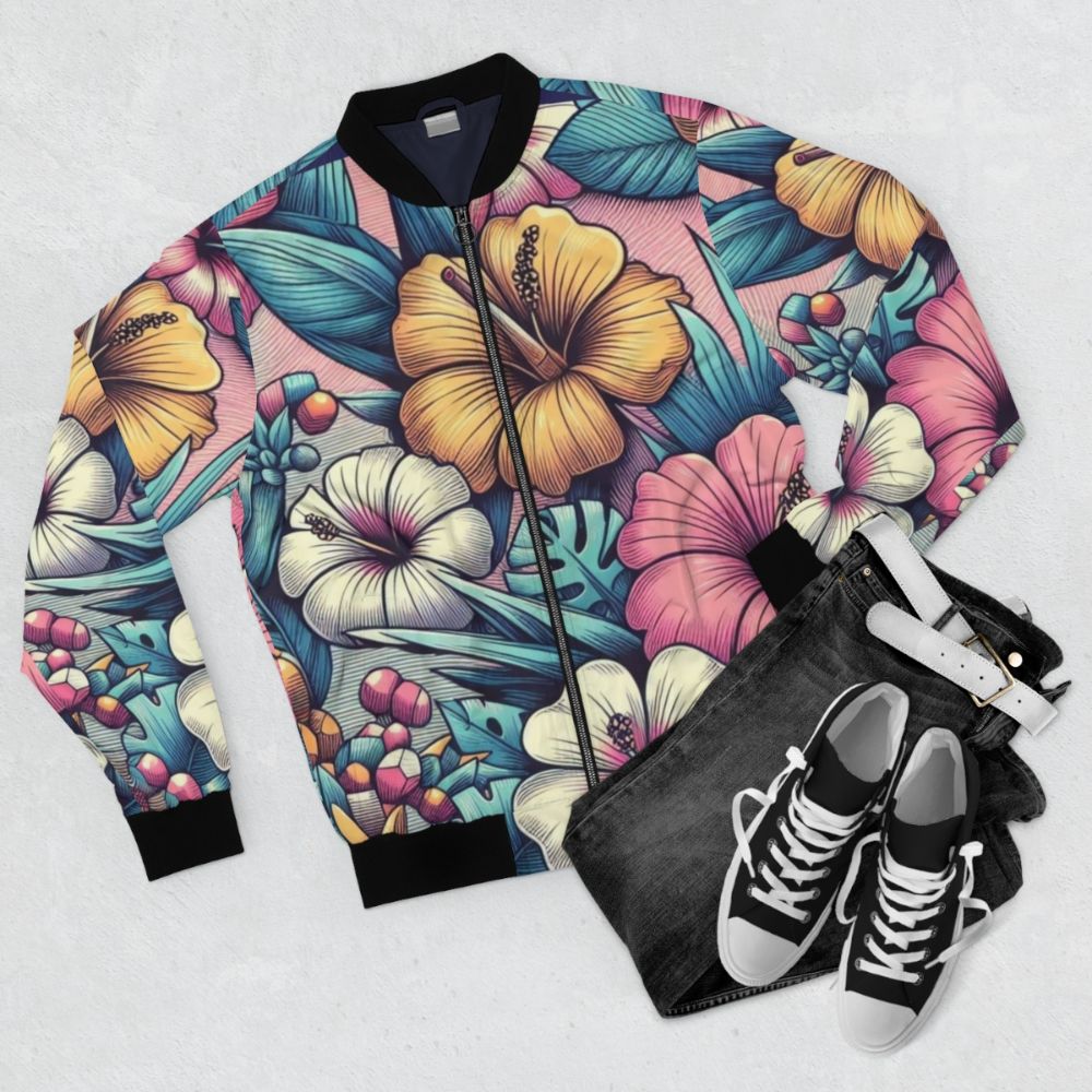 Retro bomber jacket with a vibrant Hawaiian floral hibiscus pattern design - Flat lay