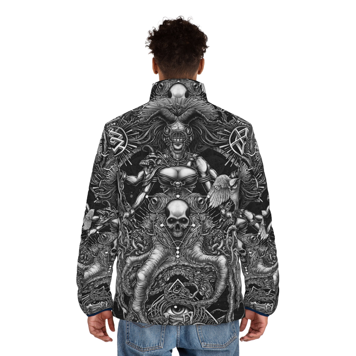 Puffer jacket featuring a surreal octopus and skull design in black and white - men back