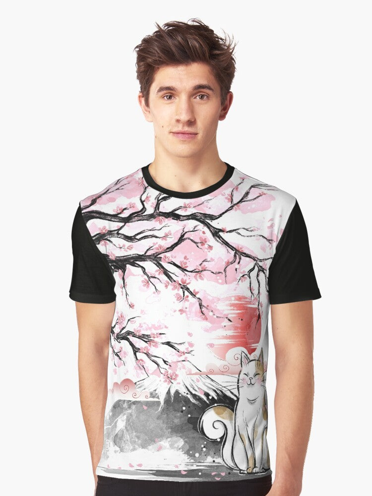 Sakura cat graphic print t-shirt with cherry blossom design - Men