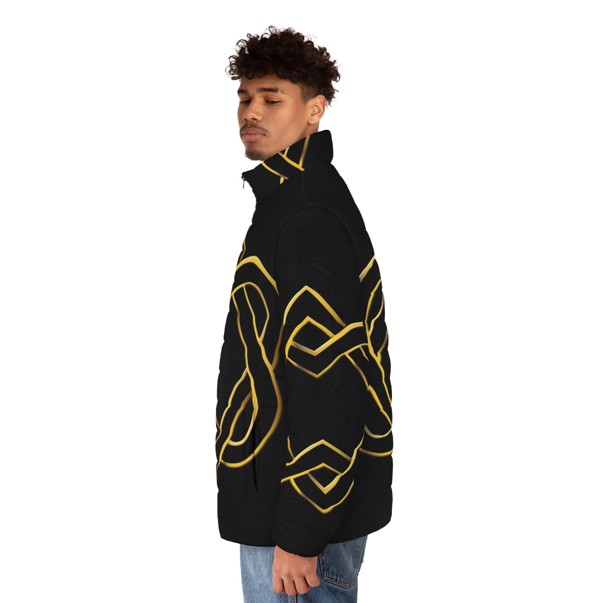 Puffer jacket with intricate Celtic knot designs in a heart shape - men side left