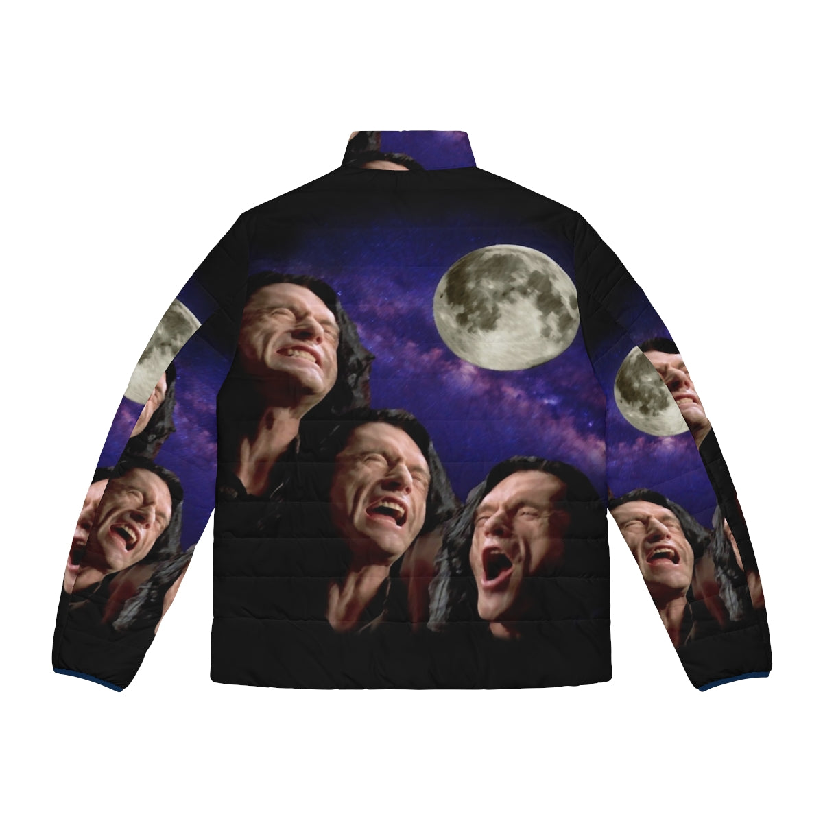 Three Wiseau Moon Puffer Jacket featuring Tommy Wiseau and the iconic Three Wolf Moon design - Back