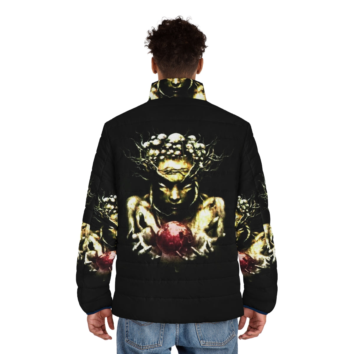 Infected Mushroom inspired puffer jacket with electronic music graphic design - men back