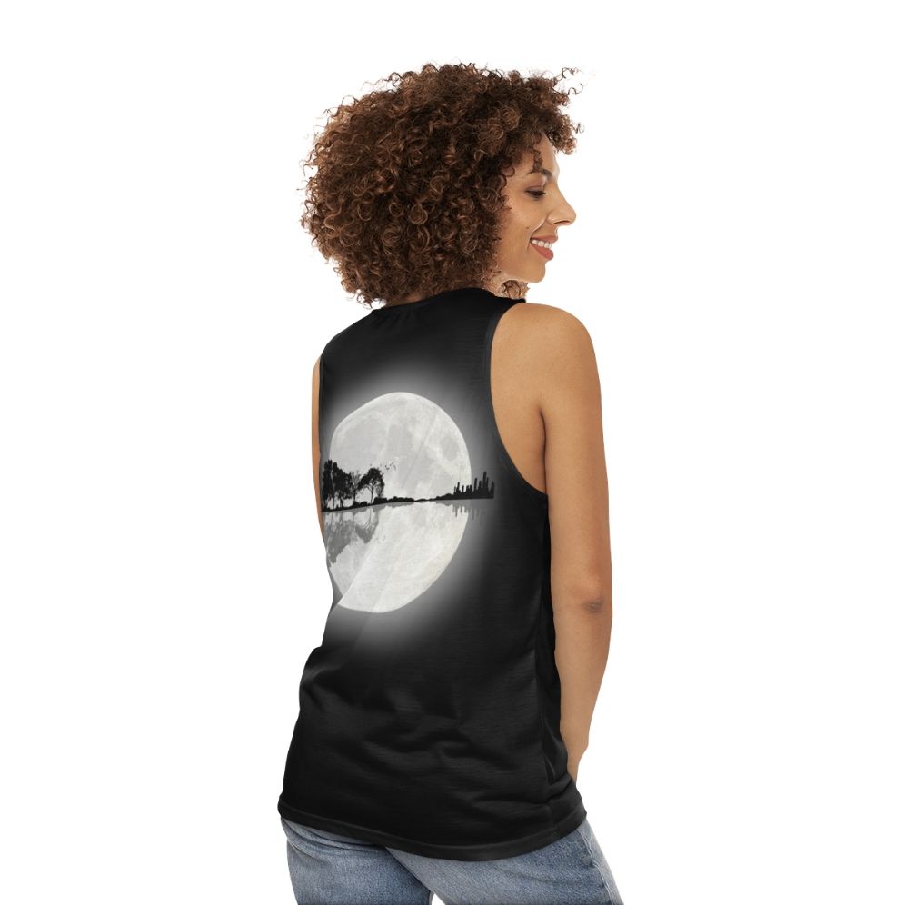 Unisex tank top with a nature-inspired guitar silhouette design - women back