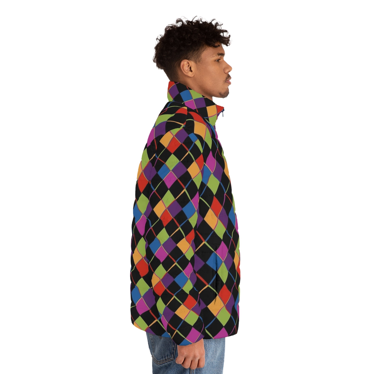 Colorful 1980s-inspired puffer jacket with a bold rainbow diamond pattern - men side right