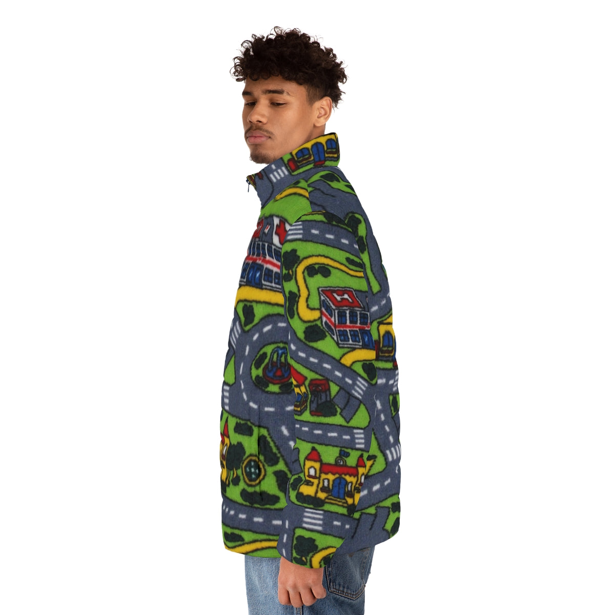 Retro 90s road carpet puffer jacket with nostalgic artsy design - men side left