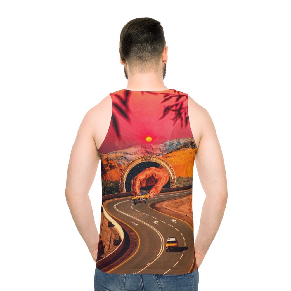 Colorful surreal unisex tank top with retro futuristic design featuring cars and space elements - men back