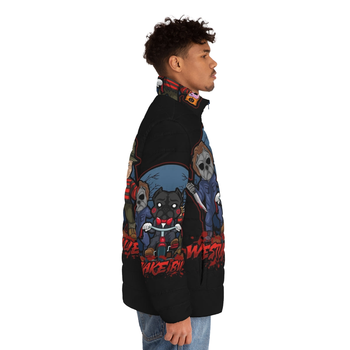 A cozy puffer jacket featuring a spooky pitties design, perfect for the Halloween season. - men side right