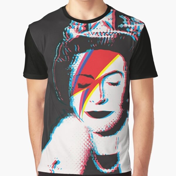 Banksy inspired graphic t-shirt featuring Queen Elizabeth with a music/urban art design in a retro 3D anaglyph style