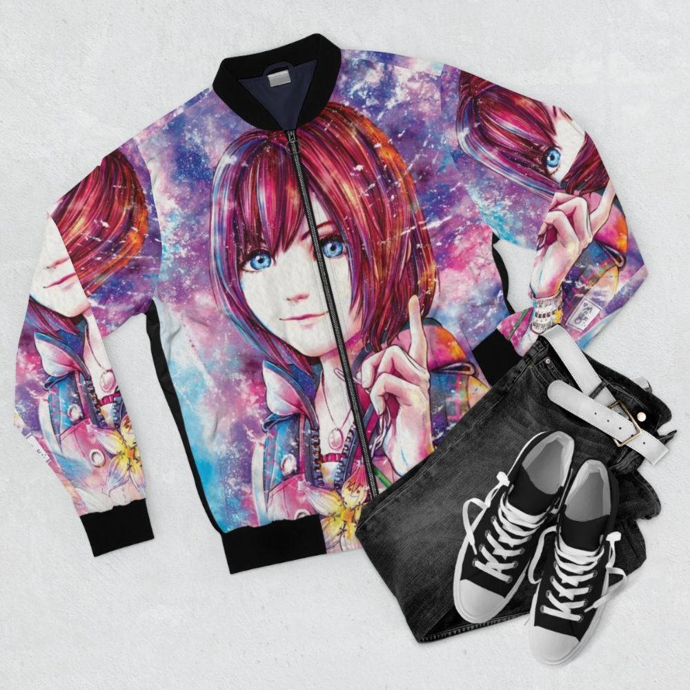 Kairi watercolor bomber jacket, featuring a Kingdom Hearts inspired design - Flat lay