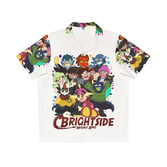 Bright Hawaiian shirt with chibi superhero and villain designs