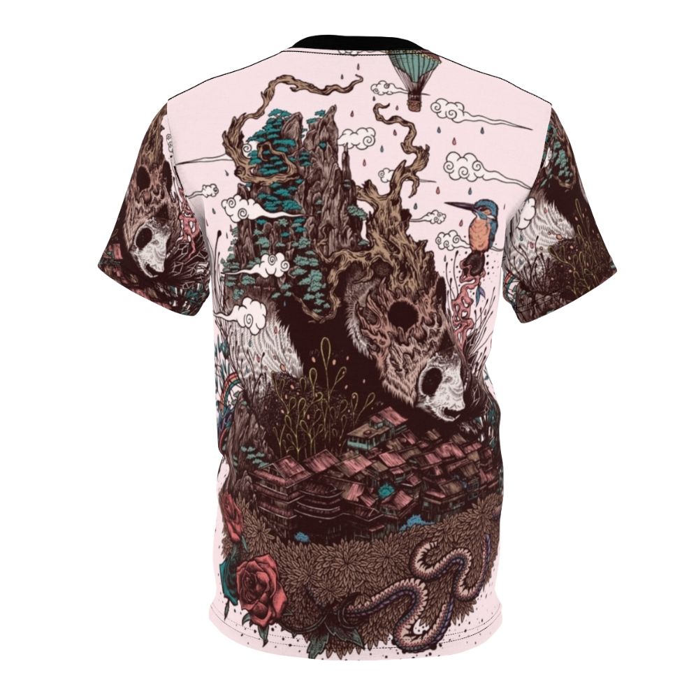 Closeup of a detailed nature illustration design featuring a panda bear, mountains, autumn leaves, and other natural elements on an all-over print t-shirt. - Back