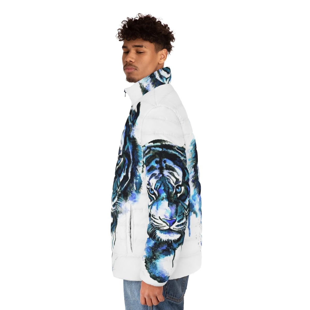 Blue tiger print puffer jacket - men side left