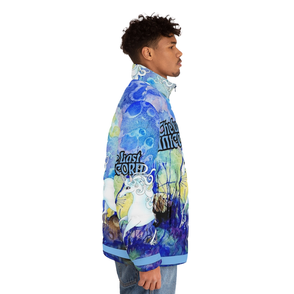 Model wearing a puffer jacket featuring a unicorn design, inspired by the classic fantasy tale 'The Last Unicorn' - men side right