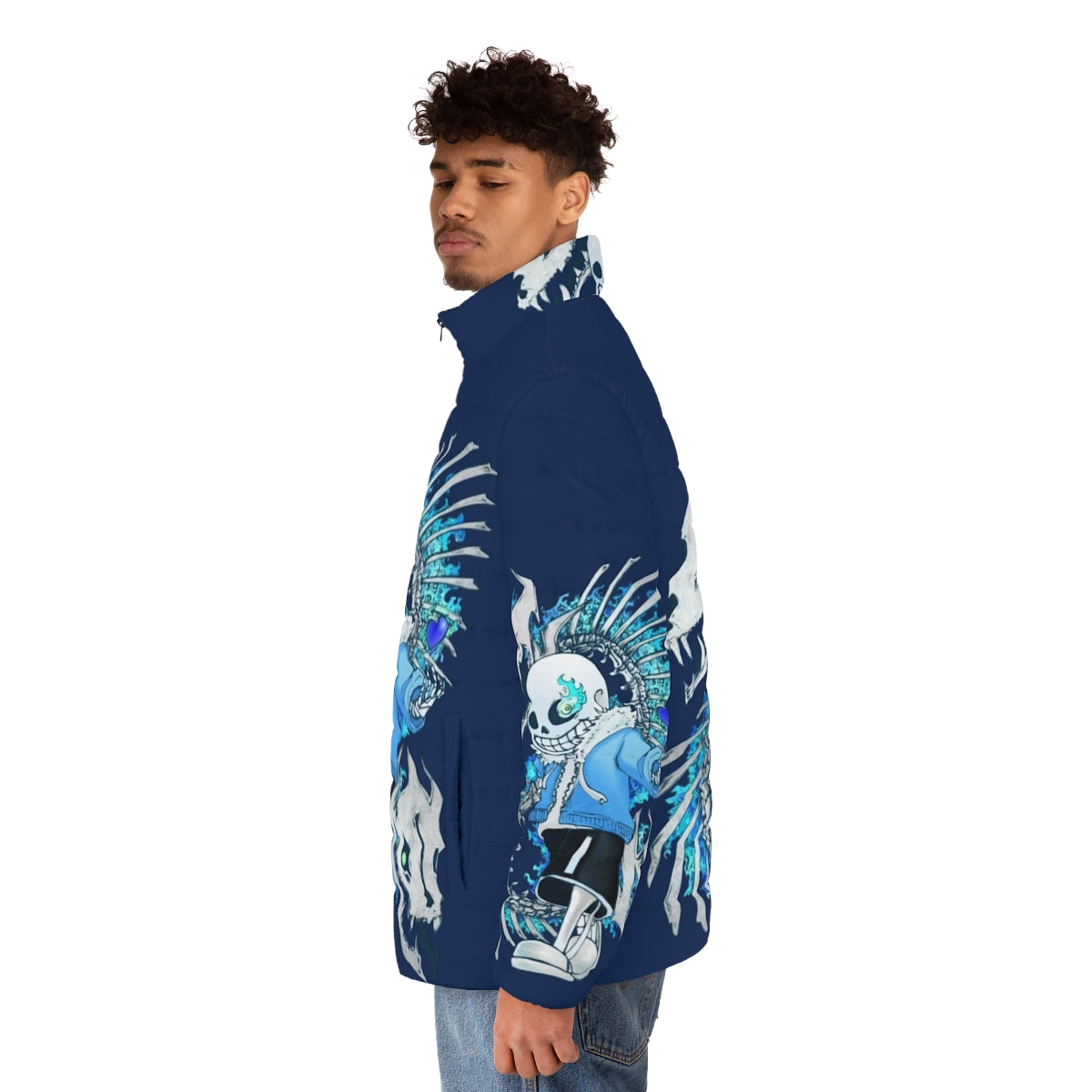 Undertale Sans Puffer Jacket featuring the iconic skeleton character from the popular video game - men side left