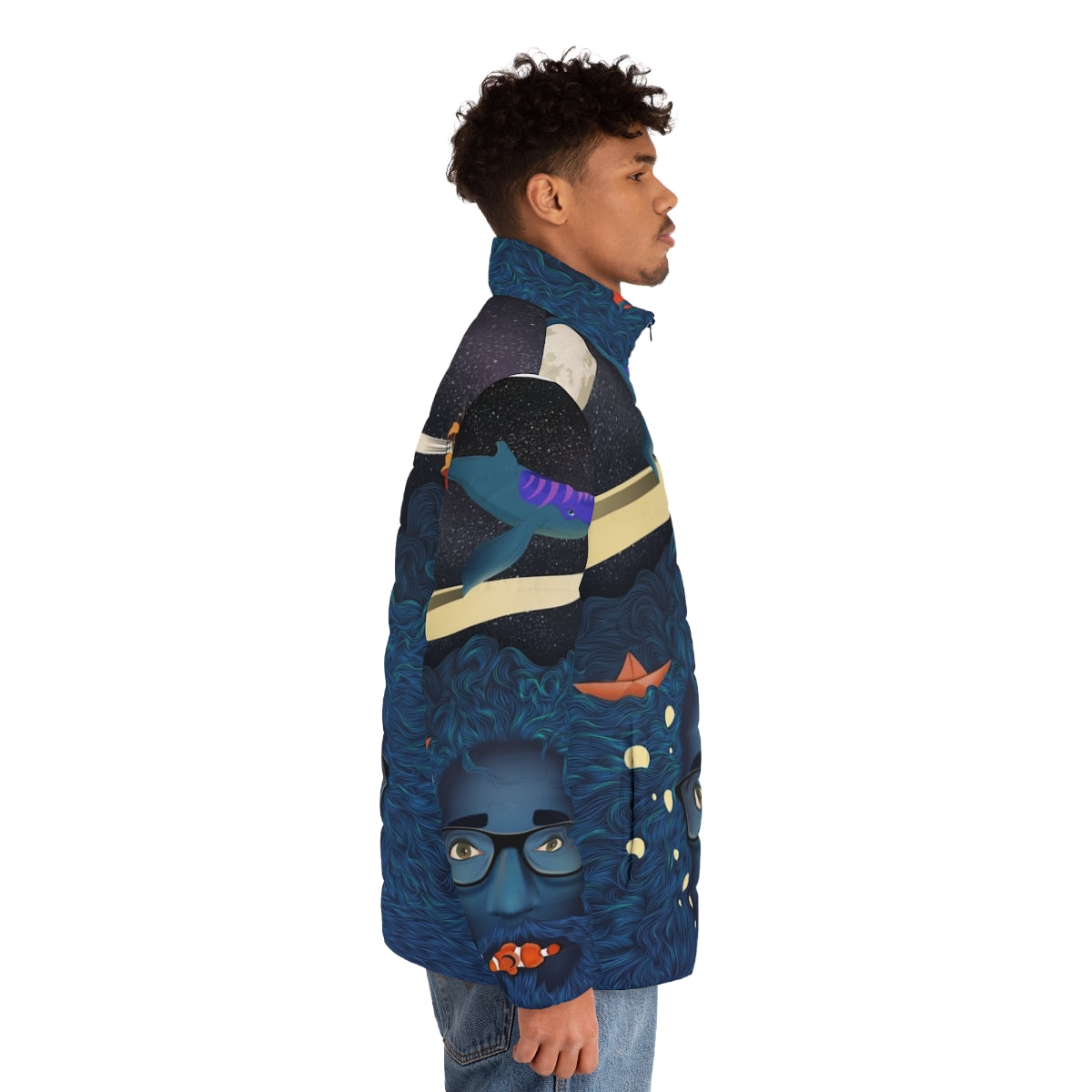 Deep Thoughts Puffer Jacket with Calma Art Design - Fantasy Ocean Theme - men side right