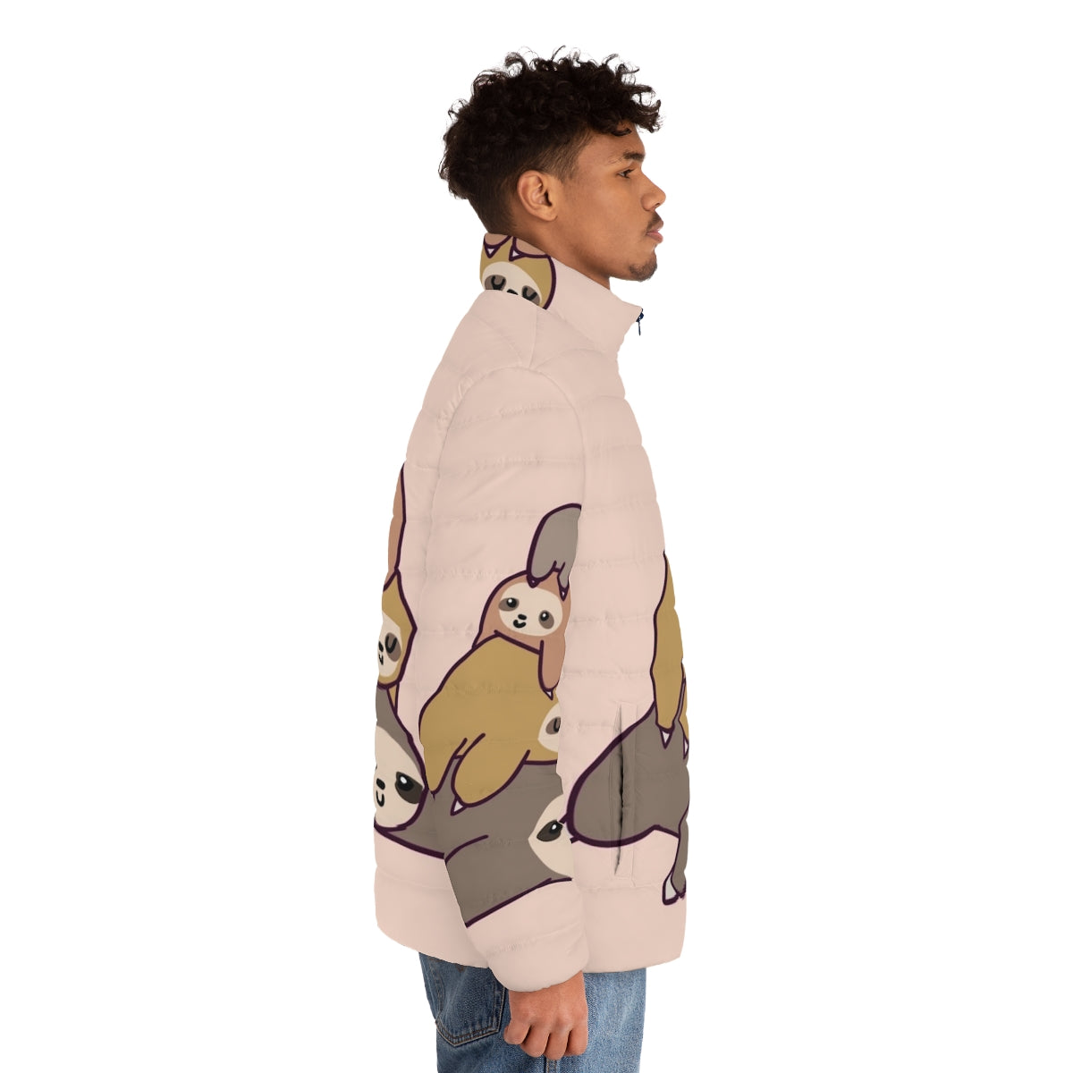 Sloth Stack Puffer Jacket featuring a cute, kawaii design of a pile of cartoon sloths - men side right