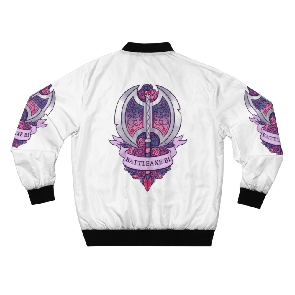 A bisexual battleaxe floral bomber jacket with a peony and ribbon design. - Back