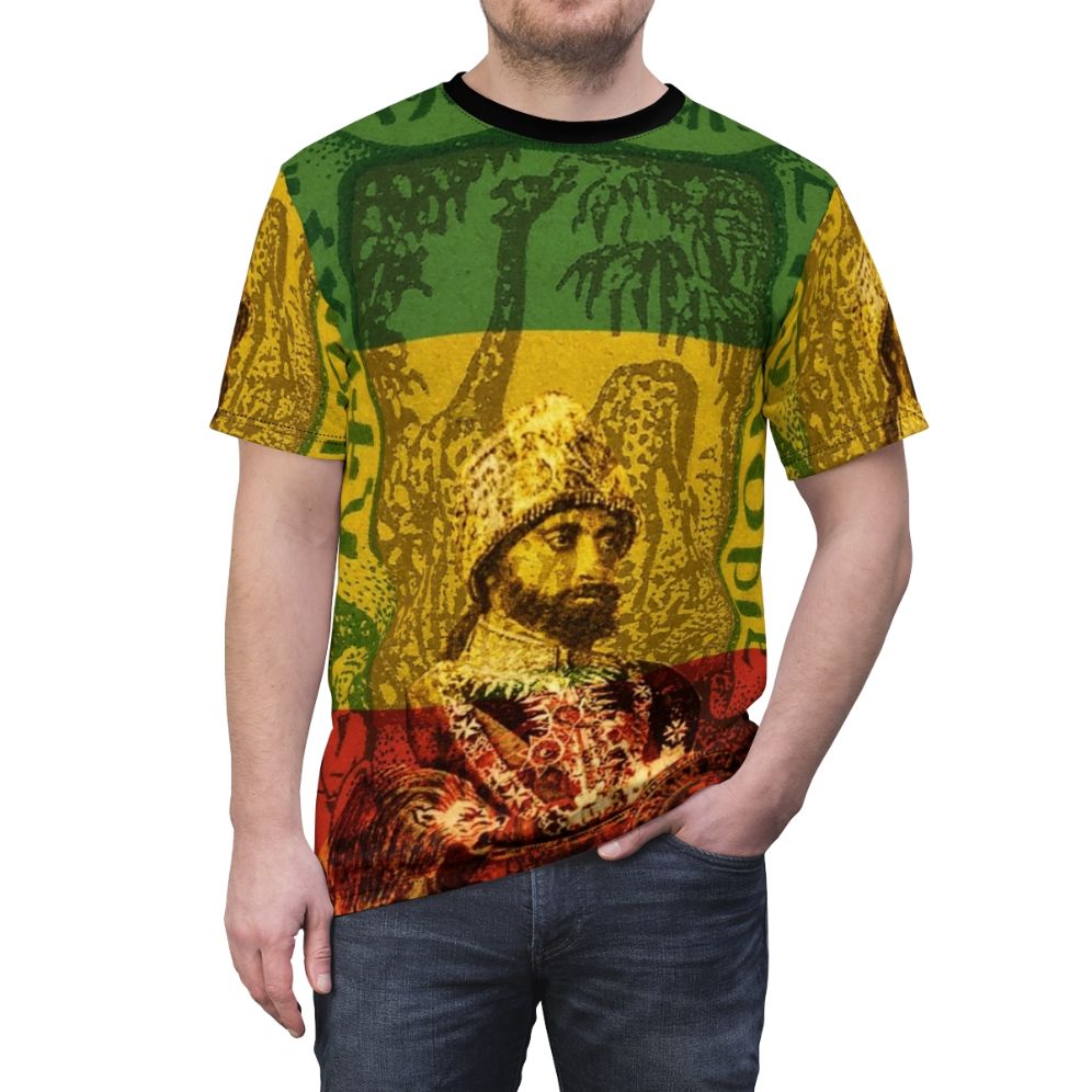 Rastafarian t-shirt design featuring Haile Selassie, the former emperor of Ethiopia - men front