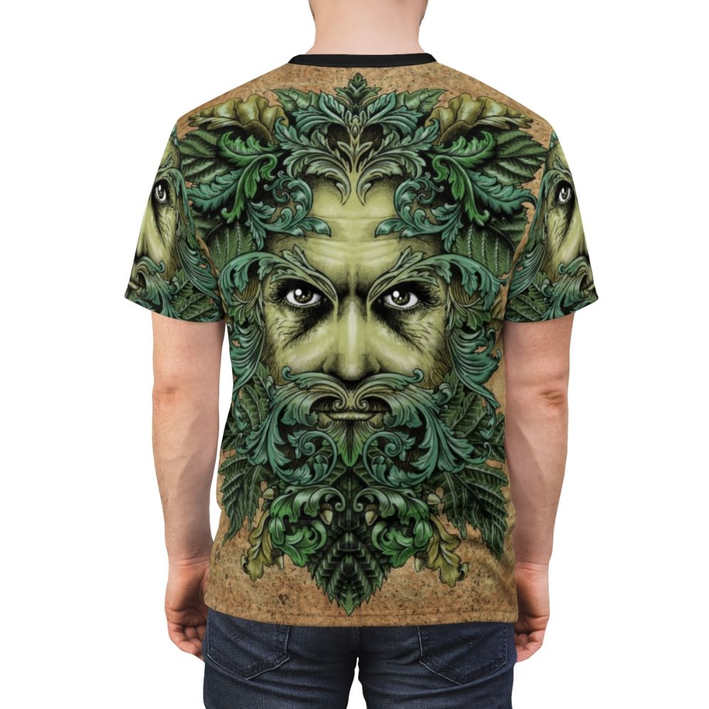 Artistic t-shirt featuring a green man design with ornate, fantasy-inspired scrollwork and leaves - men back