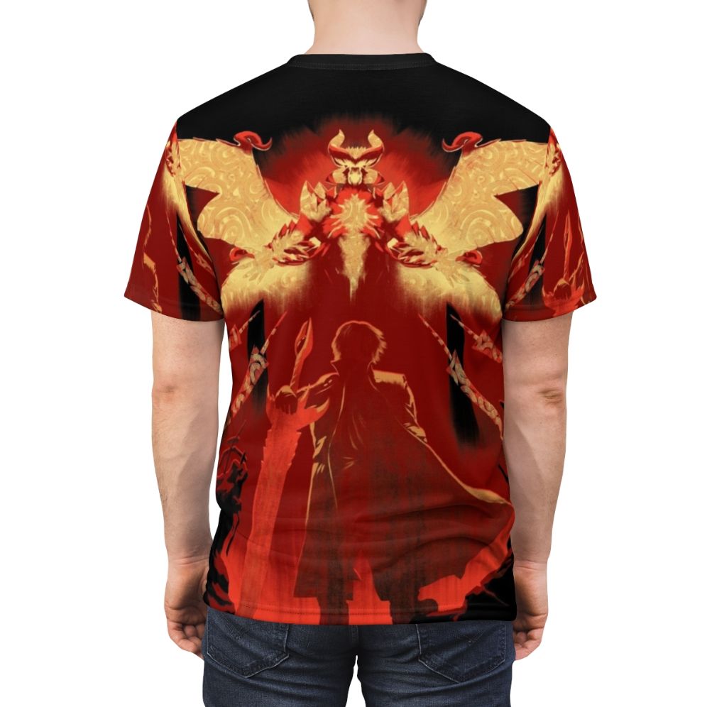 A stylish red t-shirt featuring a devil hunter character with a fire sword - men back