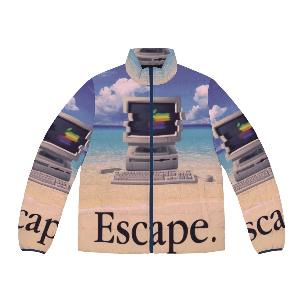 Vaporwave-inspired Macintosh puffer jacket with retro 90s aesthetic