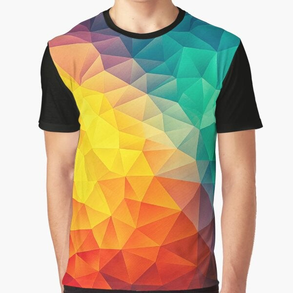 A colorful abstract geometric graphic design t-shirt with triangle and polygon shapes.