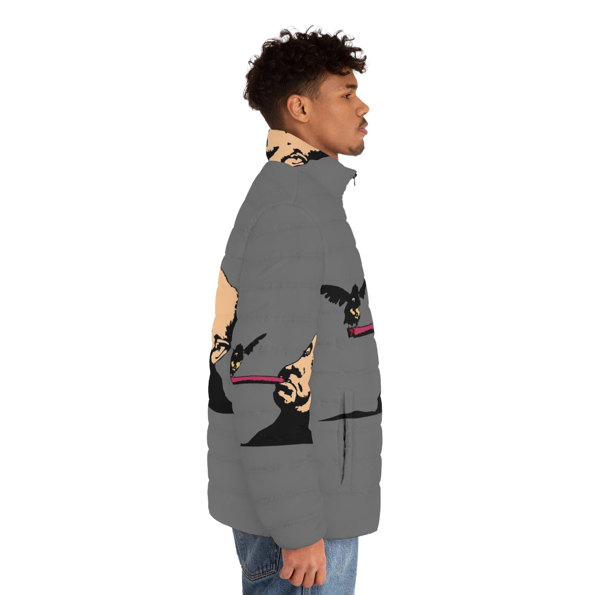 Alfred Hitchcock inspired puffer jacket with bold bird and cigar design - men side right