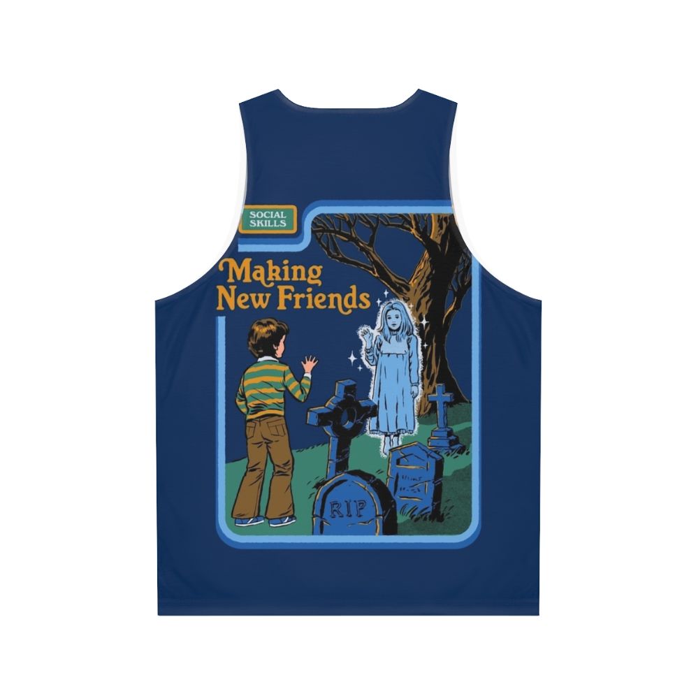 Retro horror-themed unisex tank top with "Making New Friends" design - Back