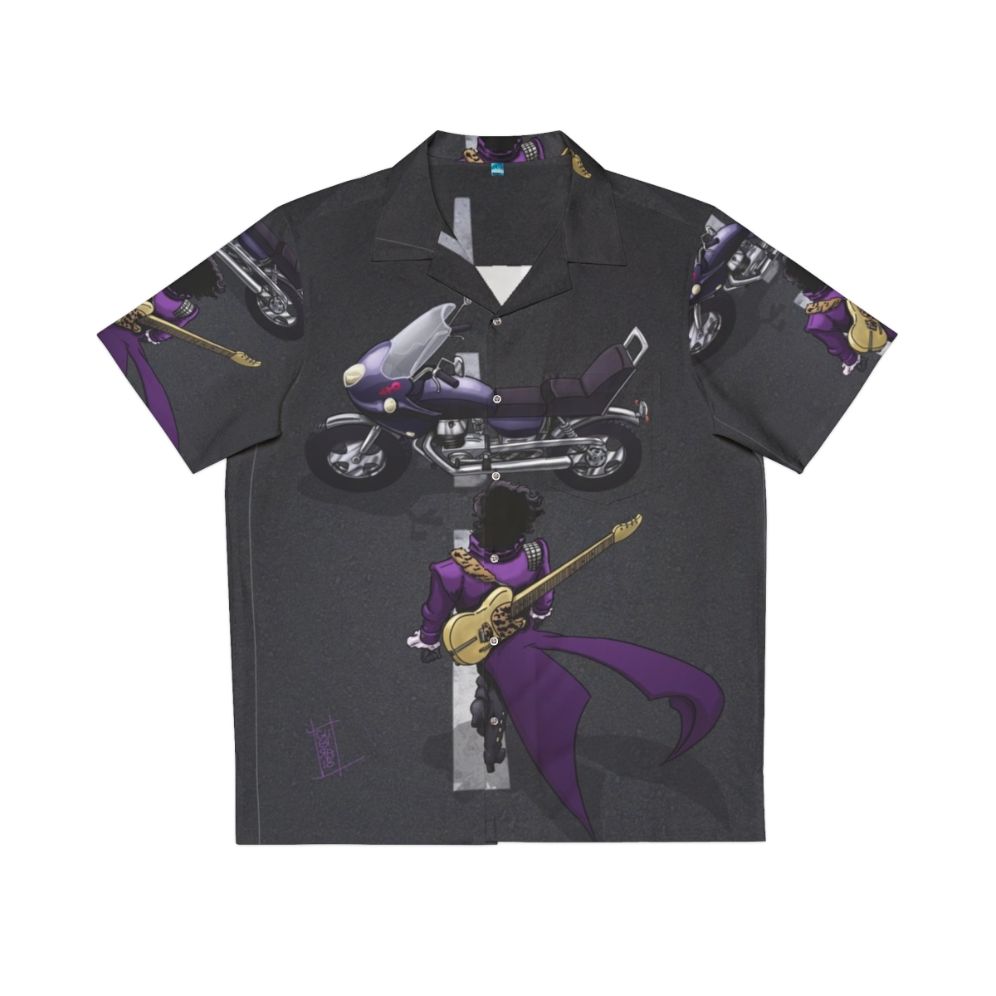 Purple Hawaiian shirt with motorcycle and guitar design