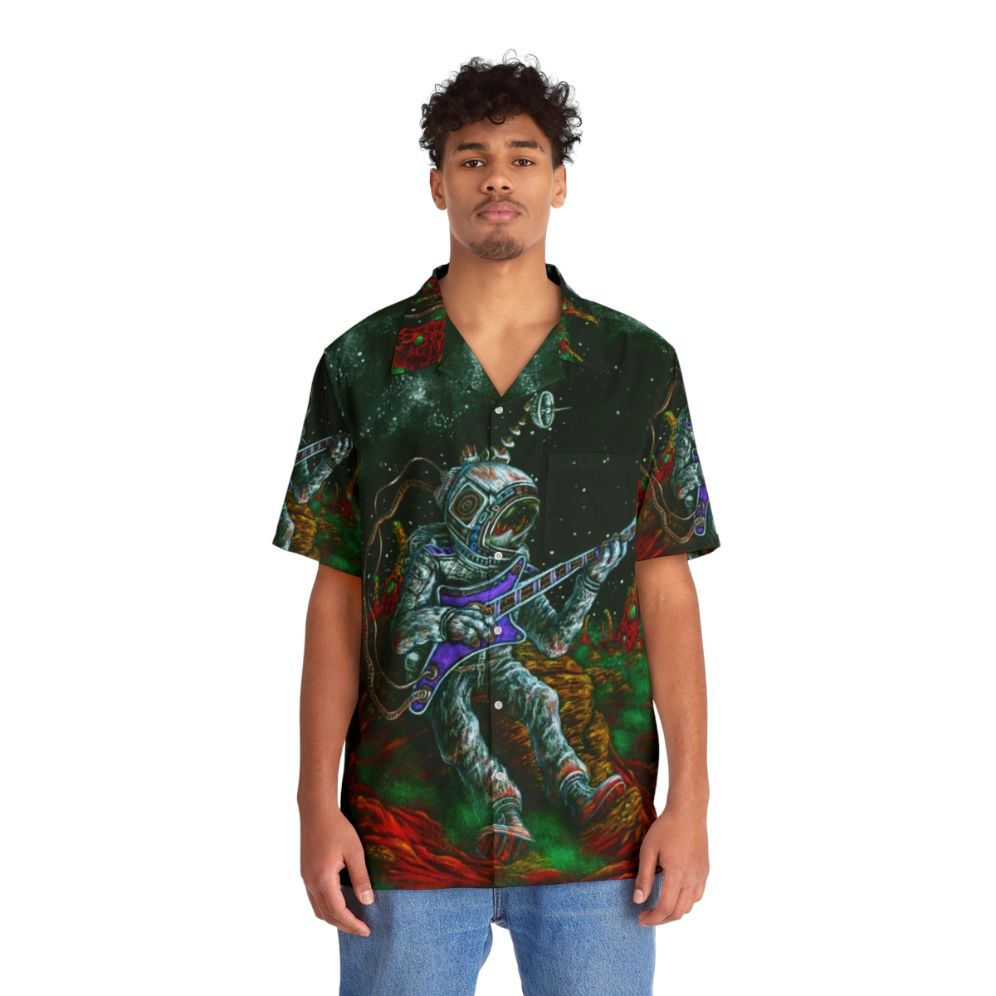 Music-inspired Hawaiian shirt with guitar and sci-fi elements - People Front