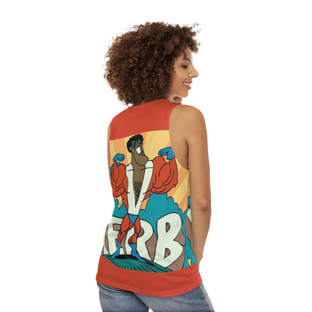 Unisex tank top with 1970s cartoon superhero verb design - women back