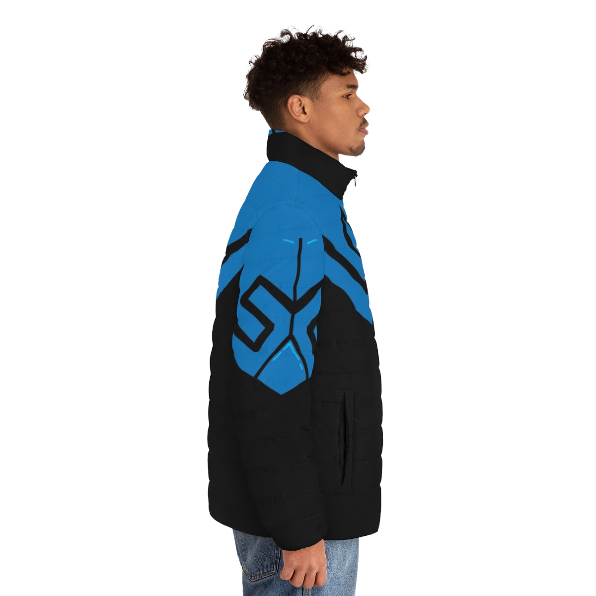 Blue Beetle superhero armor puffer jacket with DC Comics character design - men side right