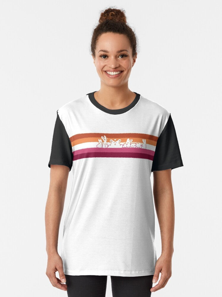 Lesbian Pride Rabbits Graphic T-Shirt featuring two rabbits in pride flag colors - Women