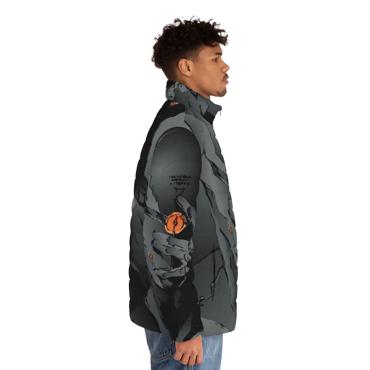 Gray fox puffer jacket with metal gear and gaming design - men side right