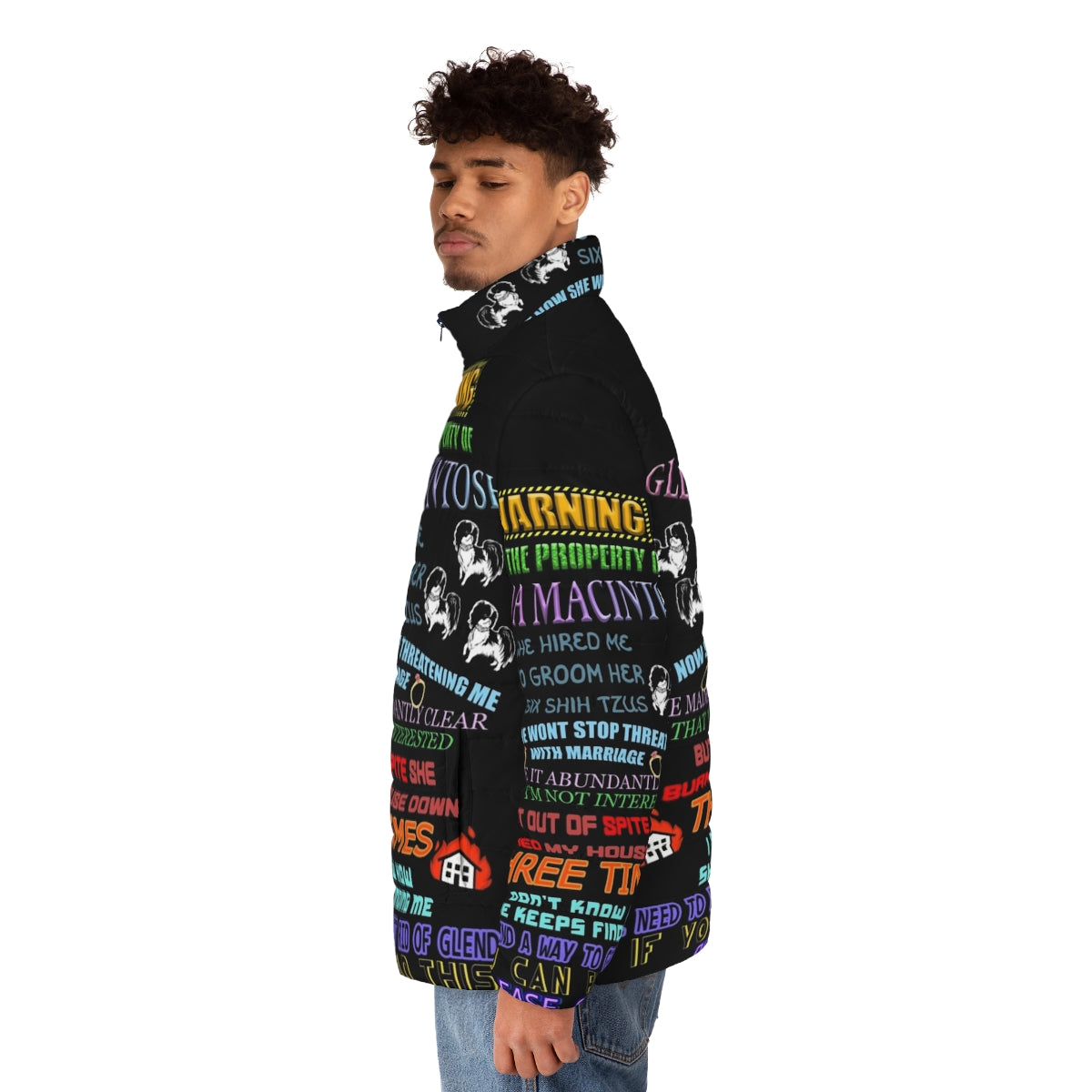 Weirdly specific Glenda puffer jacket with a humorous, quirky design - men side left