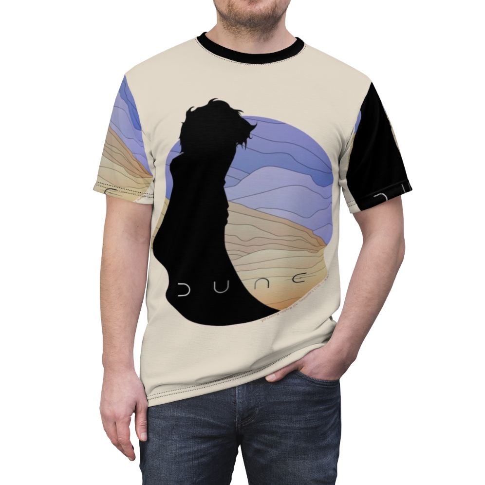 Stylized illustration of Paul Atreides, the central character from the Dune science fiction series, featured on a high-quality t-shirt. - men front