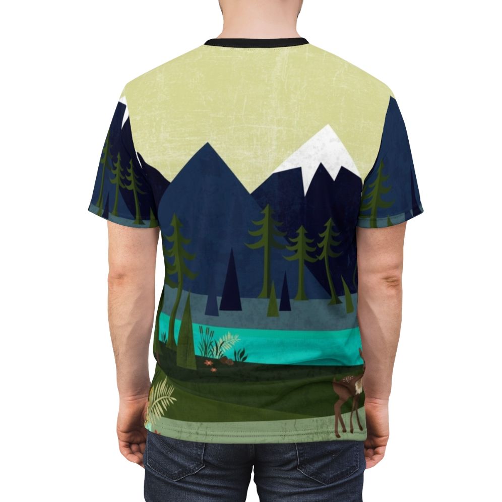 T-shirt featuring a serene nature landscape with deer, trees, and a river - men back