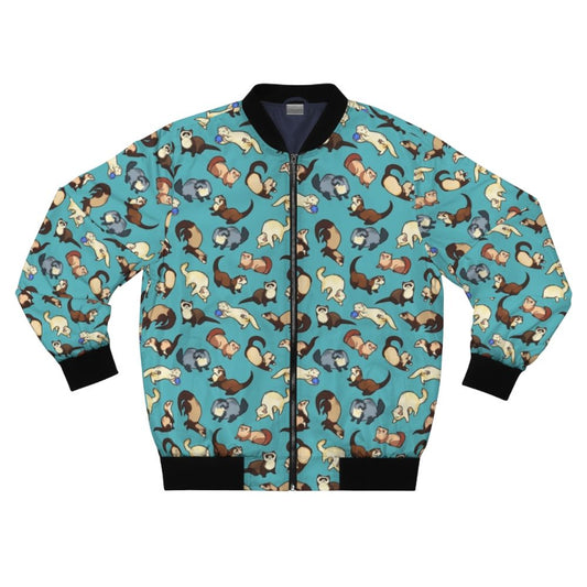 A blue bomber jacket with a cute ferret pattern design