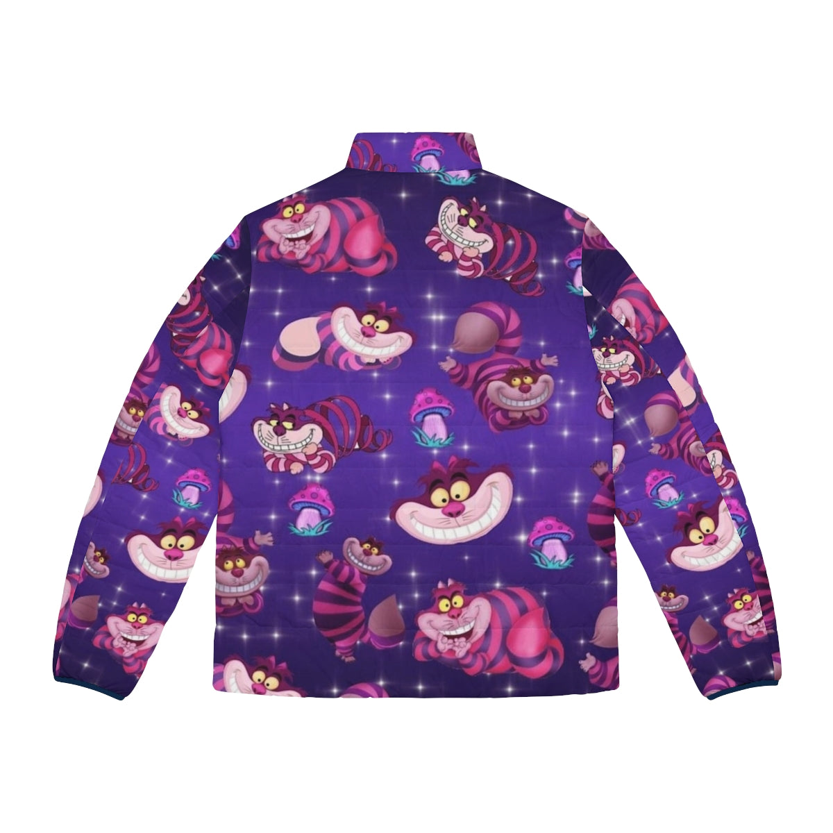 A purple puffer jacket with mushroom and cheshire cat designs, perfect for the autumn season. - Back