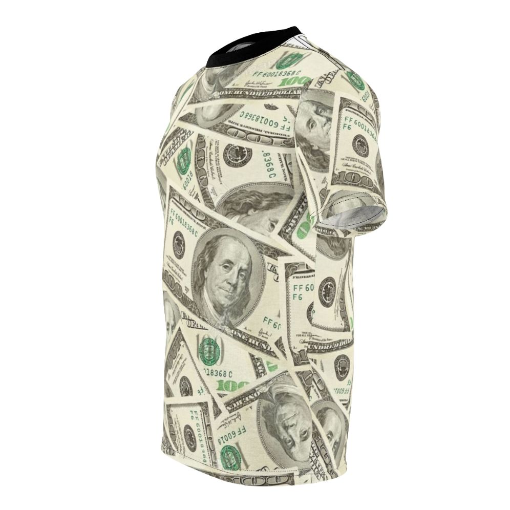 Stylish t-shirt featuring a cool, graphic design of 100 dollar bills. - men left