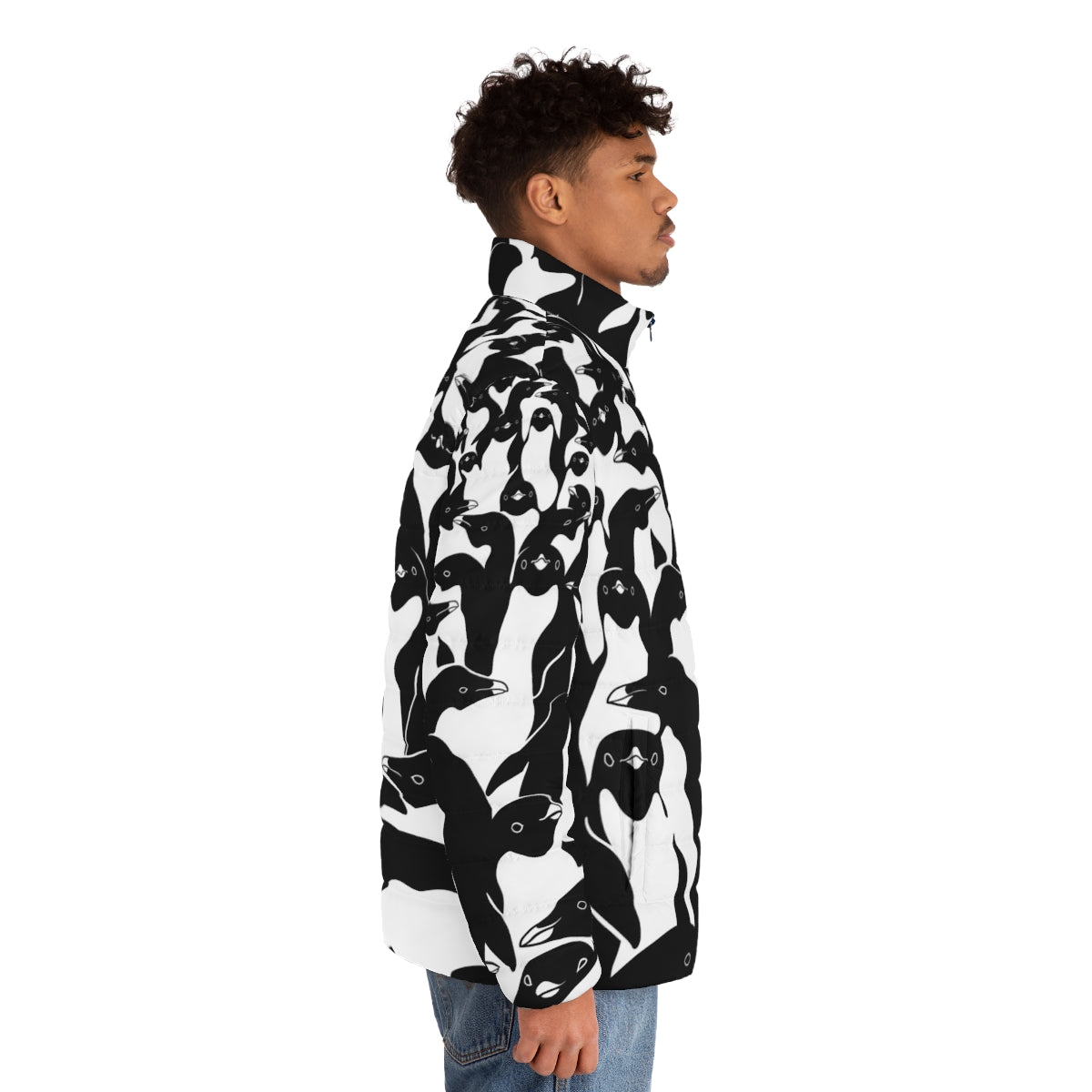 A puffer jacket featuring a crowd of penguins in a camo pattern, perfect for winter weather. - men side right