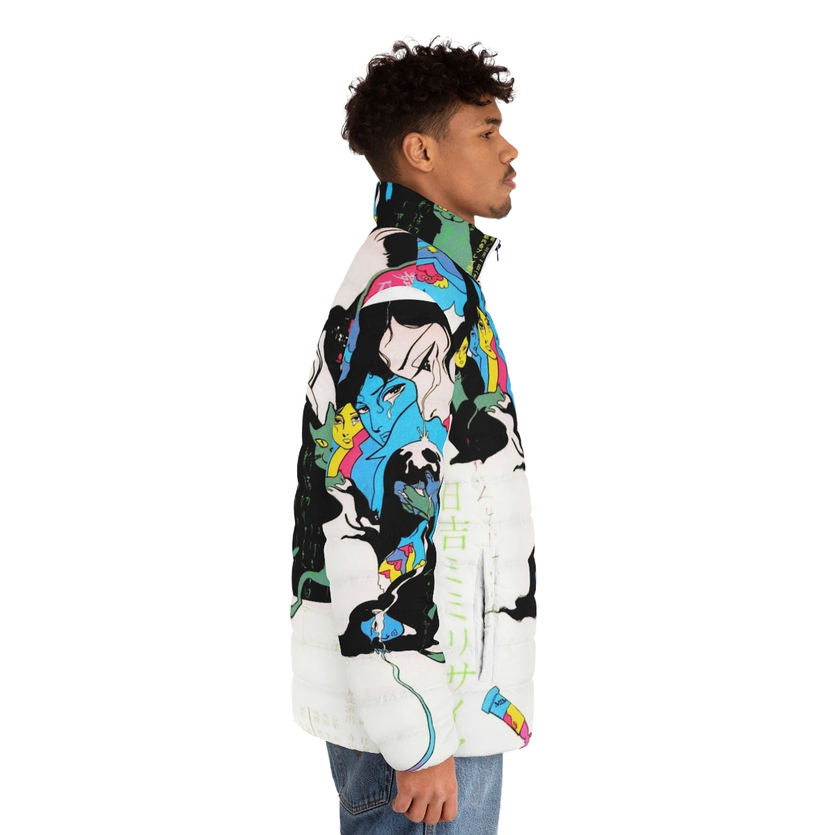 Vintage Kanashimi Puffer Jacket with colorful manga-inspired design featuring a crying cat and teardrop motif - men side right